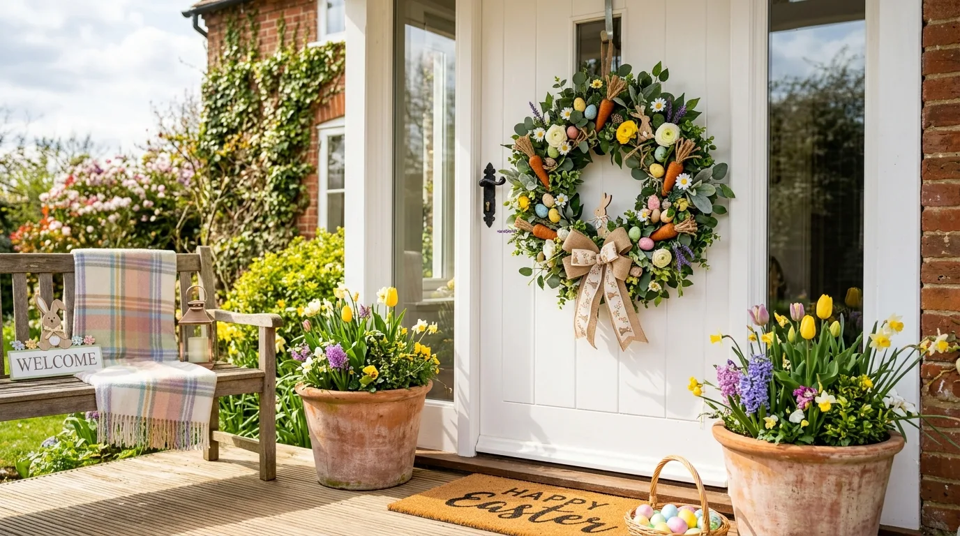 Carrot-themed Easter wreath on front door